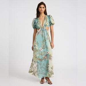 Satin Floral V-Neck Puff Sleeve Tie Front Cutout Maxi Dress Sz XS